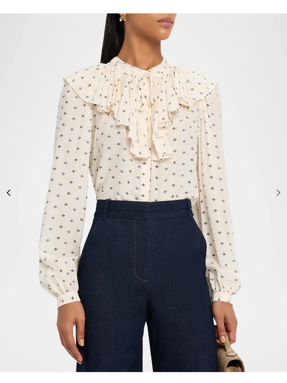 Veronica Beard Cream Ruffled Yoke Printed Blouse